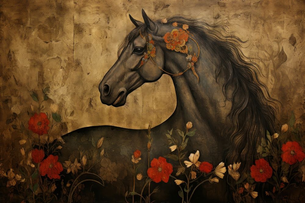 Medieval Persian painting art of Strong Horse horse animal mammal.