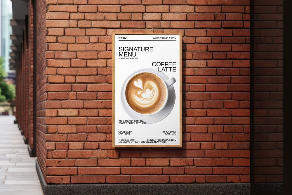 Cafe ad sign on brick wall