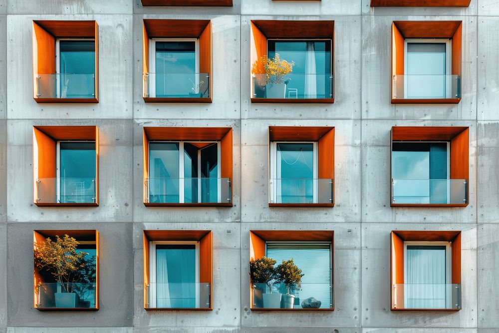 Modern apartment building window urban city.