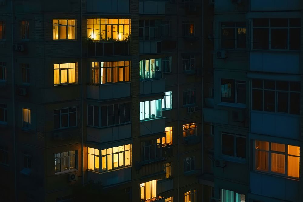 Windows of apartment building night architecture.