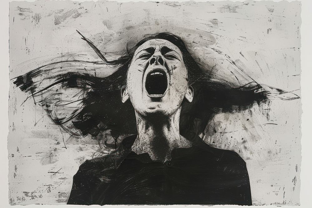 Woman shouting of etching art photography illustrated.