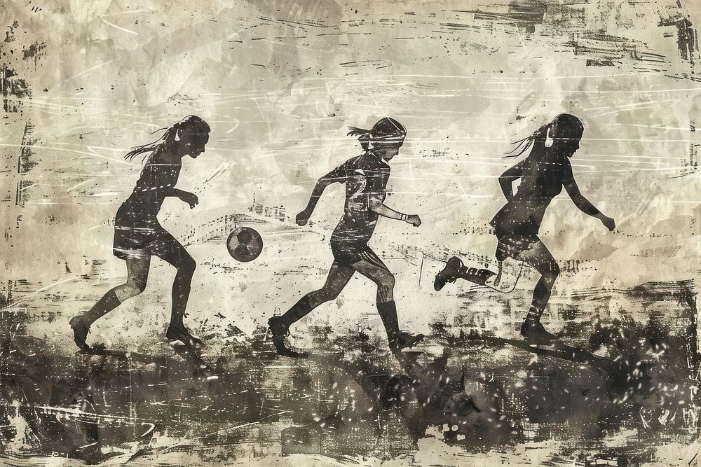 Women play soccer of etching art illustrated painting.