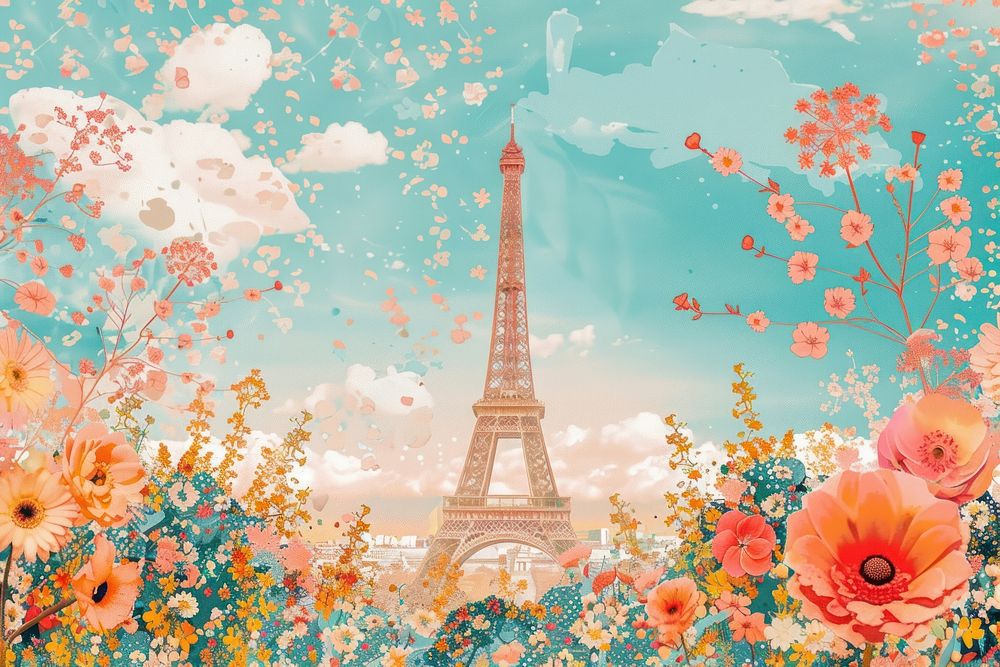 Flower Collage Eiffel scence flower architecture painting.