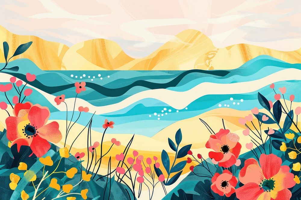 Flower Collage beach scence pattern graphics painting.