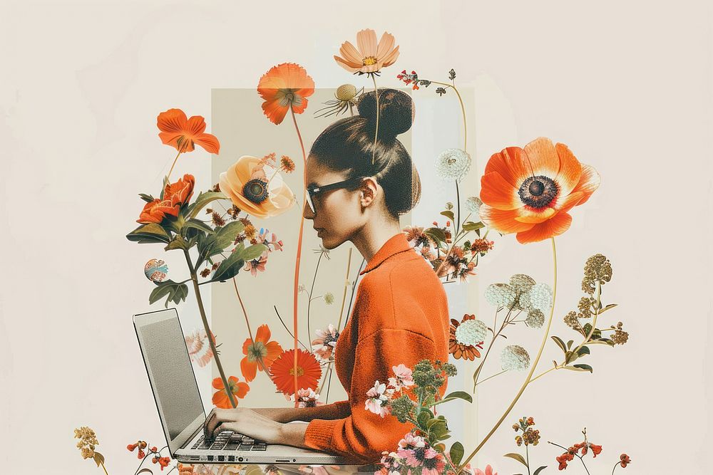 Work from home concept pattern laptop flower.
