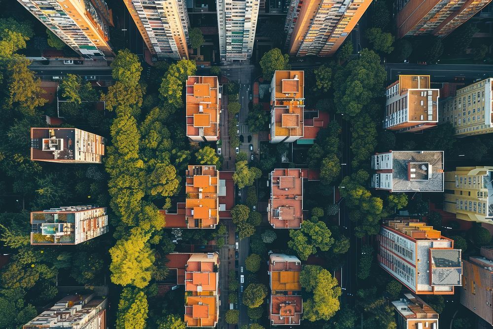 Apartment buildings architecture aerial view vegetation.