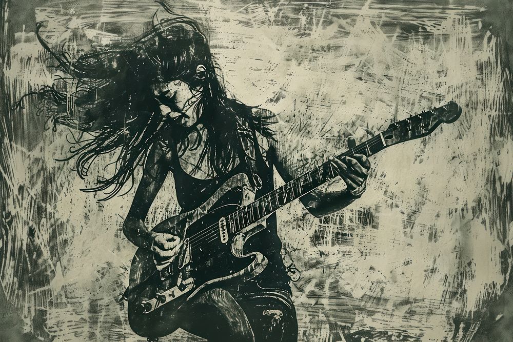 Angry Women playing guitar of etching headbanging person human.