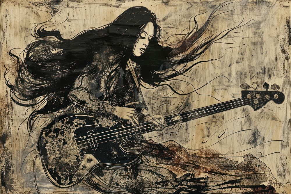 Angry Women playing guitar of etching art painting female.