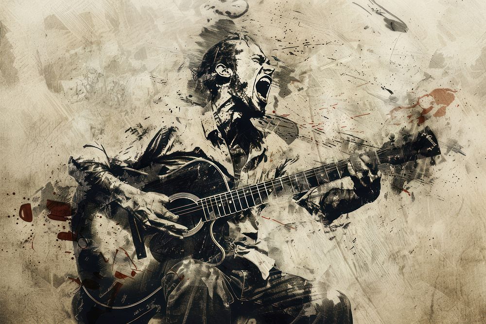 Angry man playing guitar of etching art photography recreation.