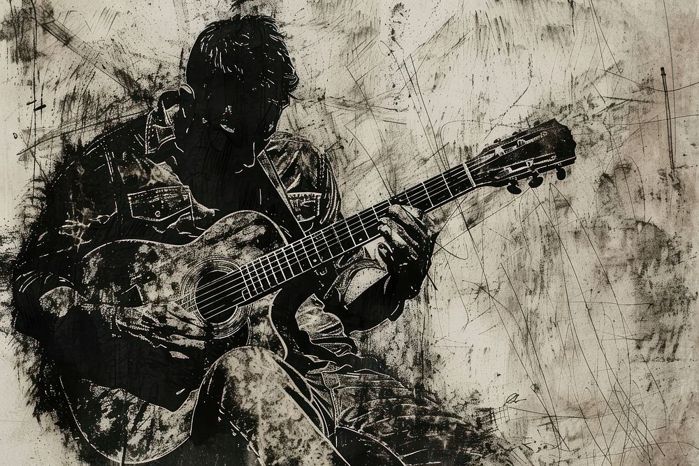 Angry man playing guitar of etching art recreation guitarist.