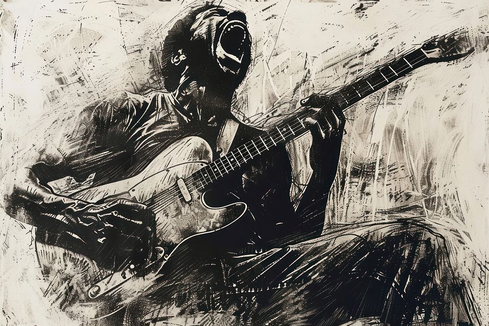 Angry man playing guitar of etching art recreation guitarist.