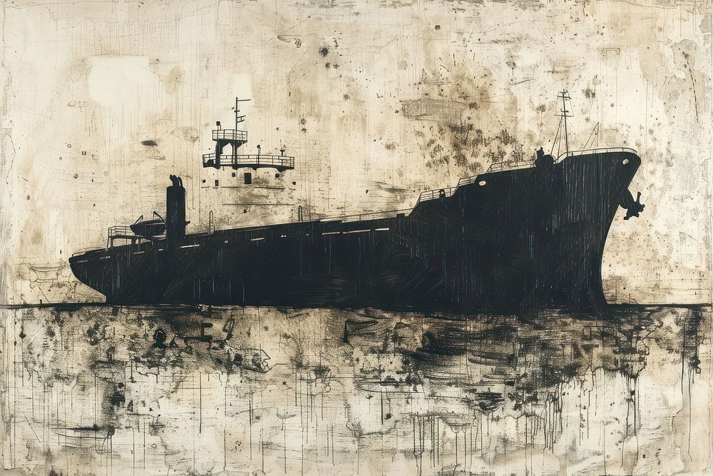 Cargo ship of etching art transportation painting.