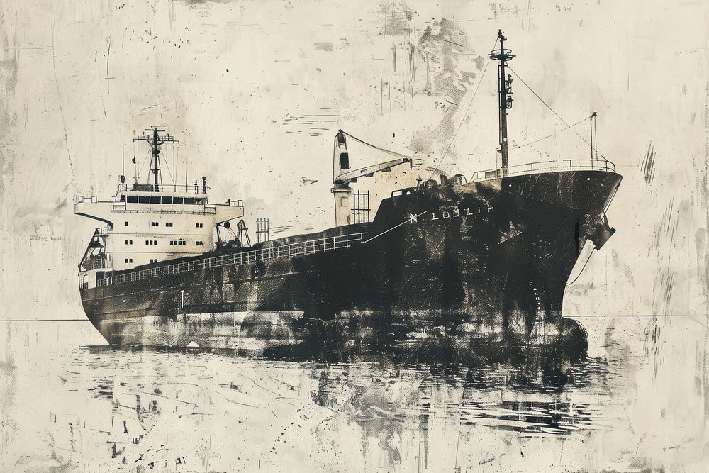 Cargo ship of etching art transportation watercraft.