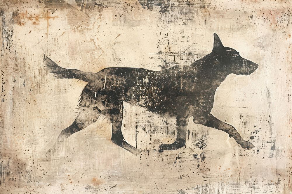 Dog run of etching art painting animal.
