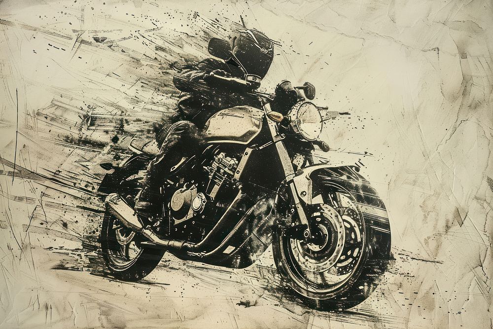 Fast motorcycle of etching art transportation illustrated.