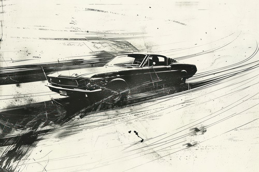 Fast car on road of etching art transportation illustrated.