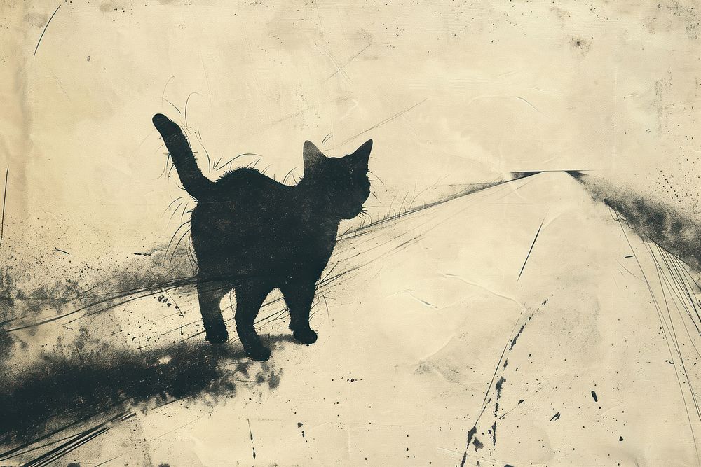 Fast cat on road of etching art silhouette painting.