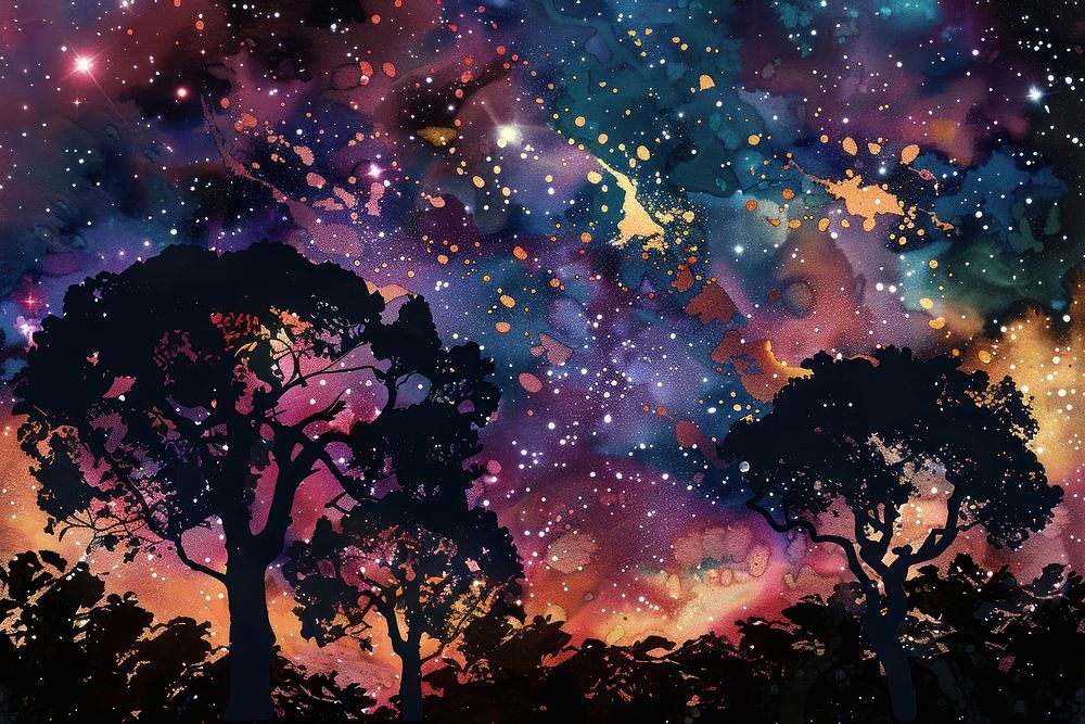 Forest silhouette on Galaxy astronomy outdoors universe.