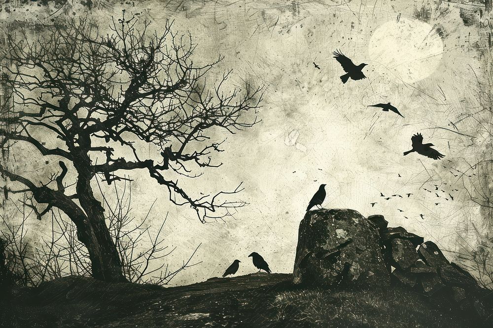 Graveyard of etching art silhouette blackbird.