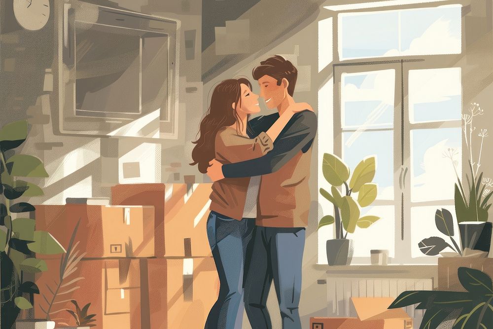 New apartment romantic hugging kissing.
