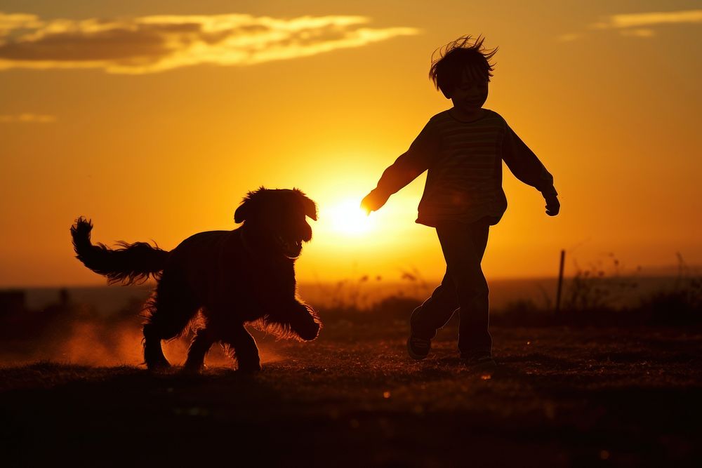 Kid and dog running silhouette photography backlighting outdoors person.