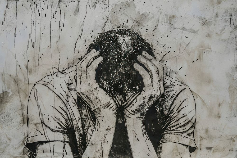 Man crying of etching art illustrated photography.