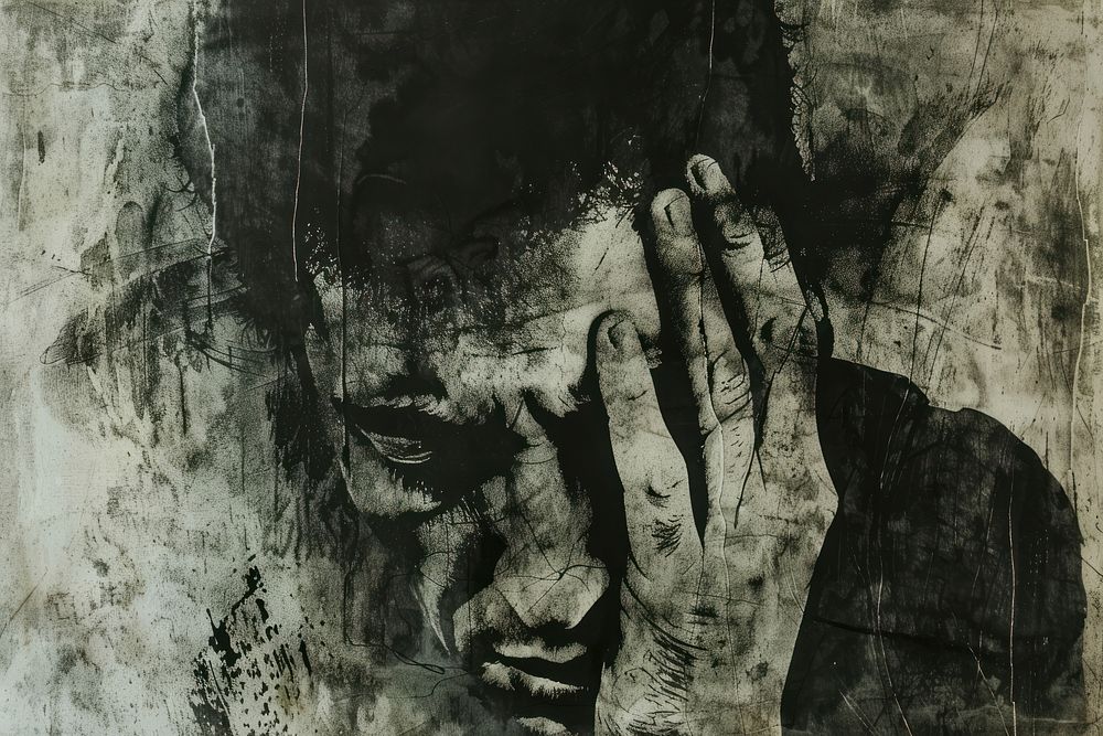 Man crying of etching art photography painting.