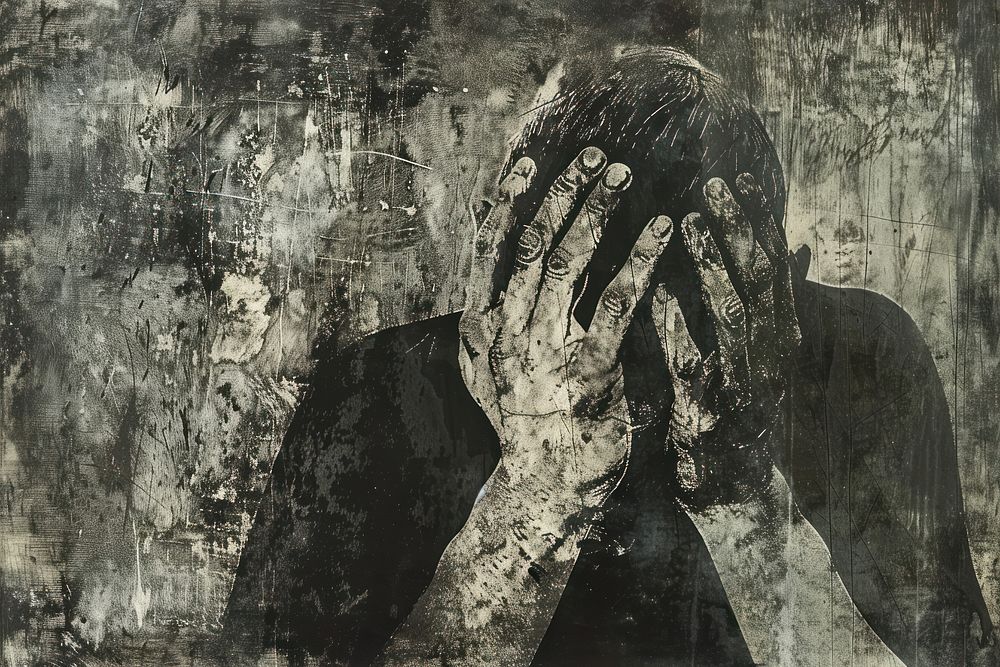 Man crying of etching art photography painting.
