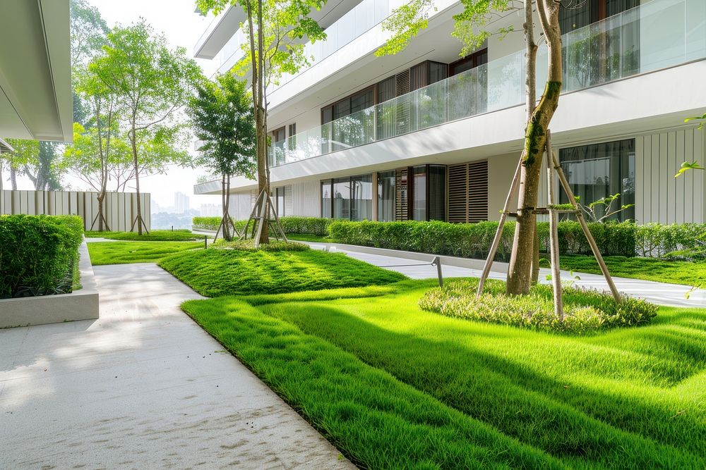 Apartment with green grass architecture vegetation backyard.
