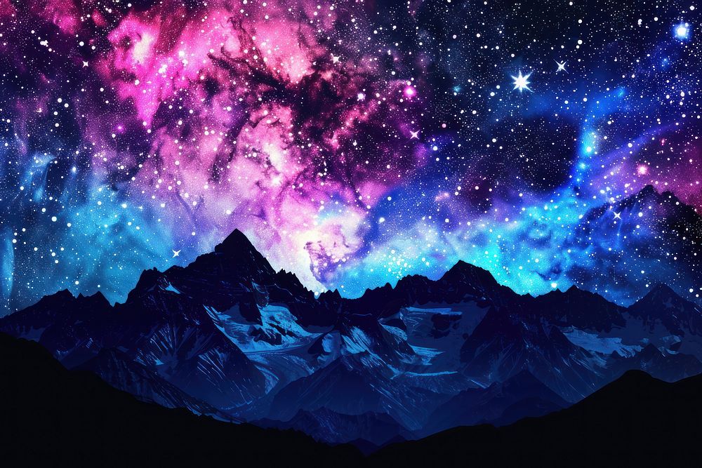 Mountain silhouette on Galaxy astronomy landscape outdoors.
