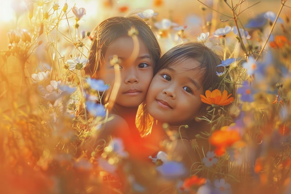 Malaysian kid twins couple flower photo photography.