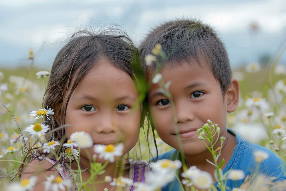Laos kid twin couple flower photo photography.