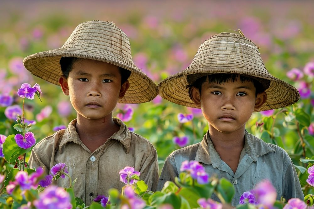 Laos kid twins couple flower photo photography.