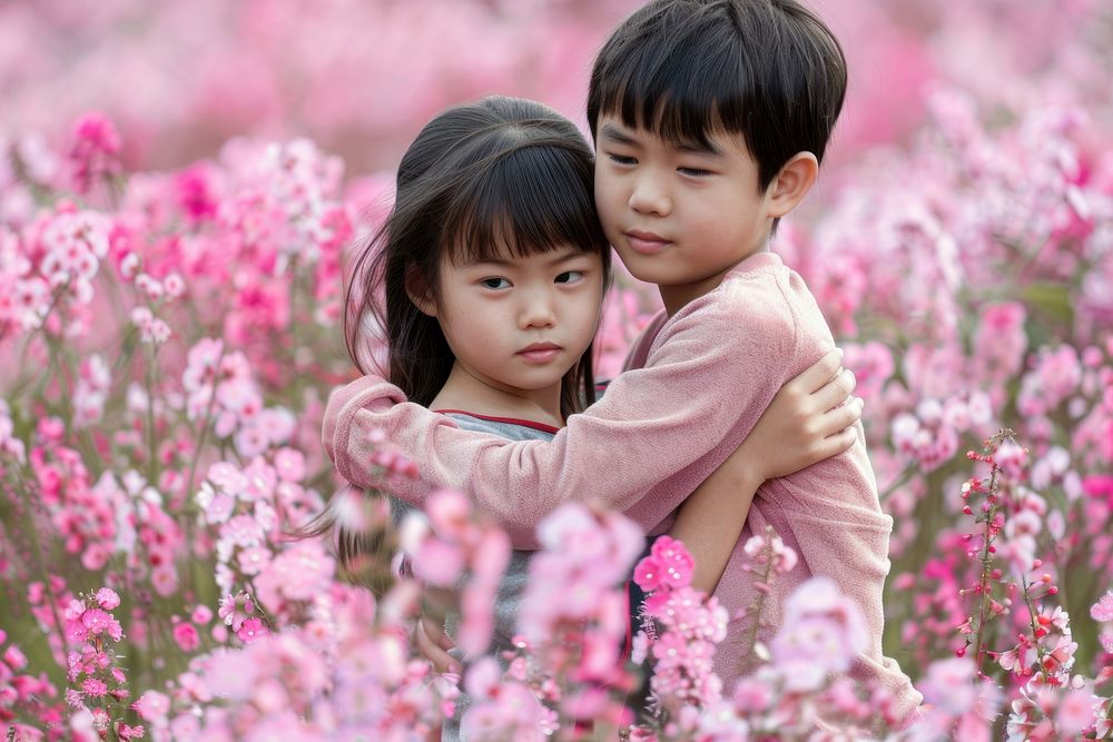 Singaporean kid twins couple flower outdoors blossom.