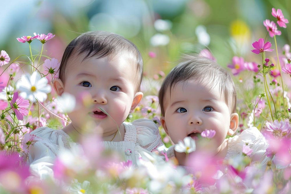 Thai kid twins couple flower photo photography.