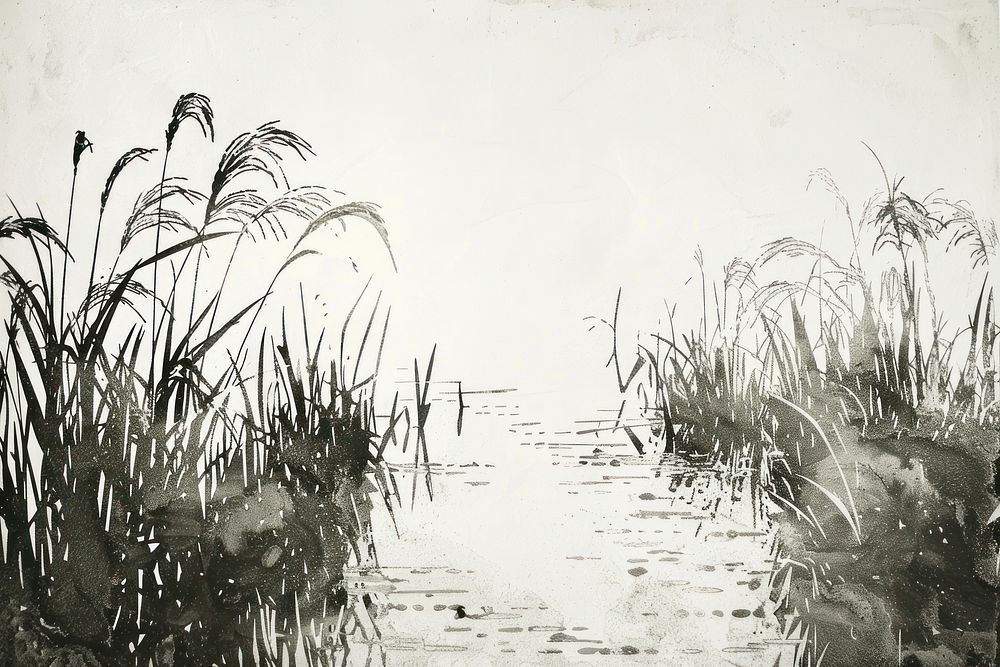 Rice field of etching art illustrated painting.