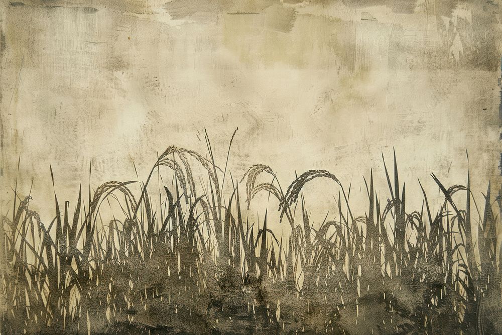 Rice field of etching art painting grass.
