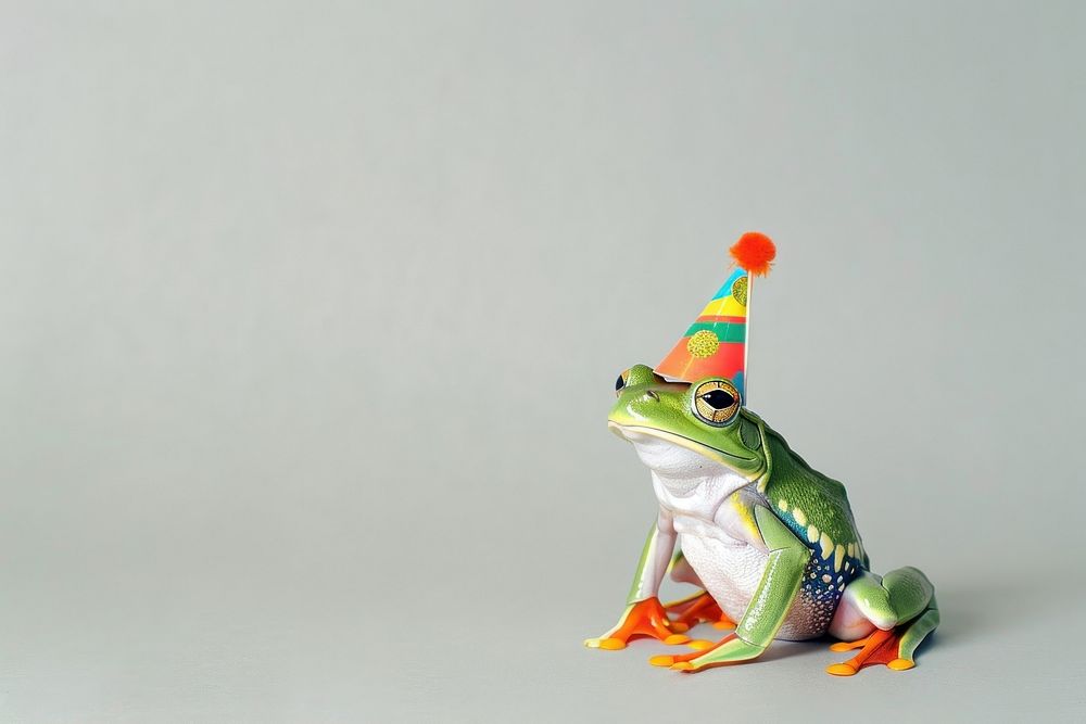 Frog wear birthday hat amphibian wildlife dinosaur.