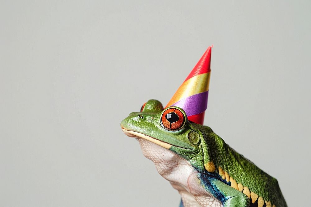 Frog wear birthday hat amphibian clothing wildlife.