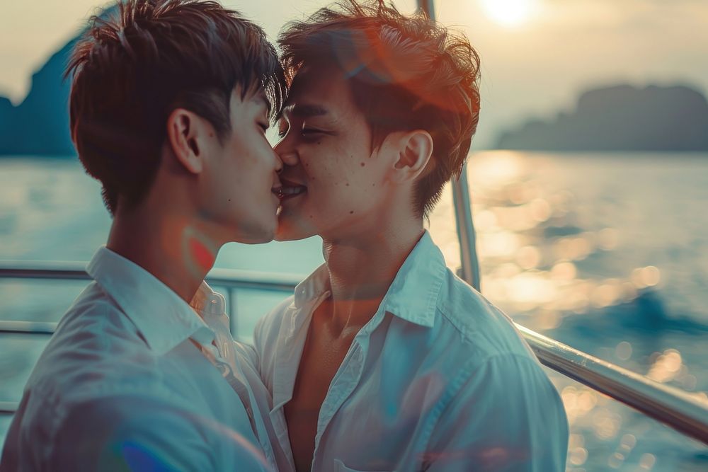 Thai gay couple romantic kissing person.