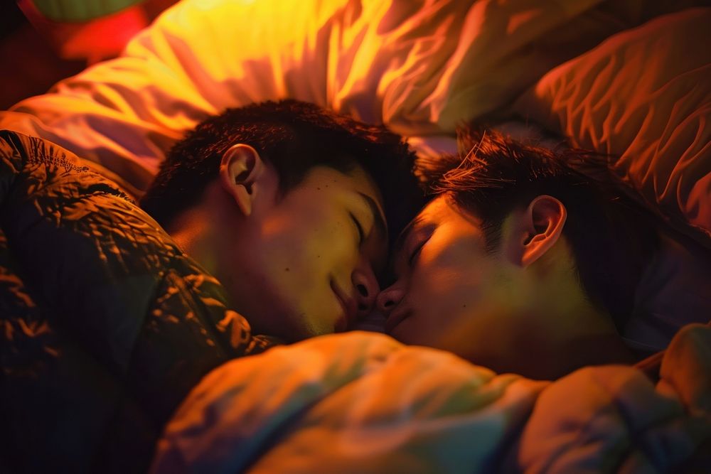 Thai gay couple romantic cuddling kissing.