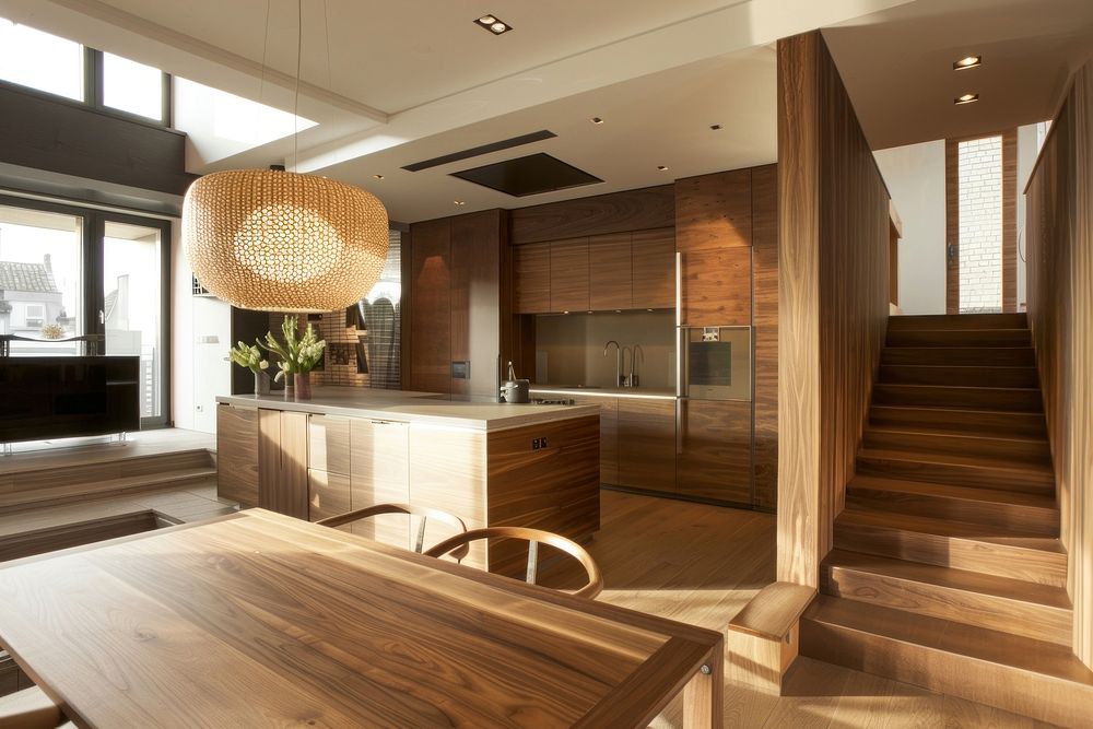 Wooden kitchen architecture staircase furniture.