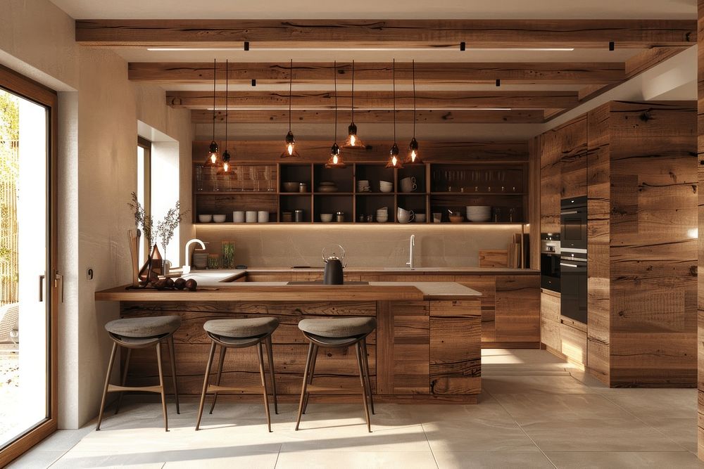 Wooden kitchen furniture hardwood indoors.