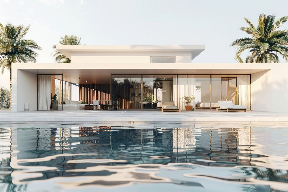 Modern villa with pool and terrace water architecture furniture.