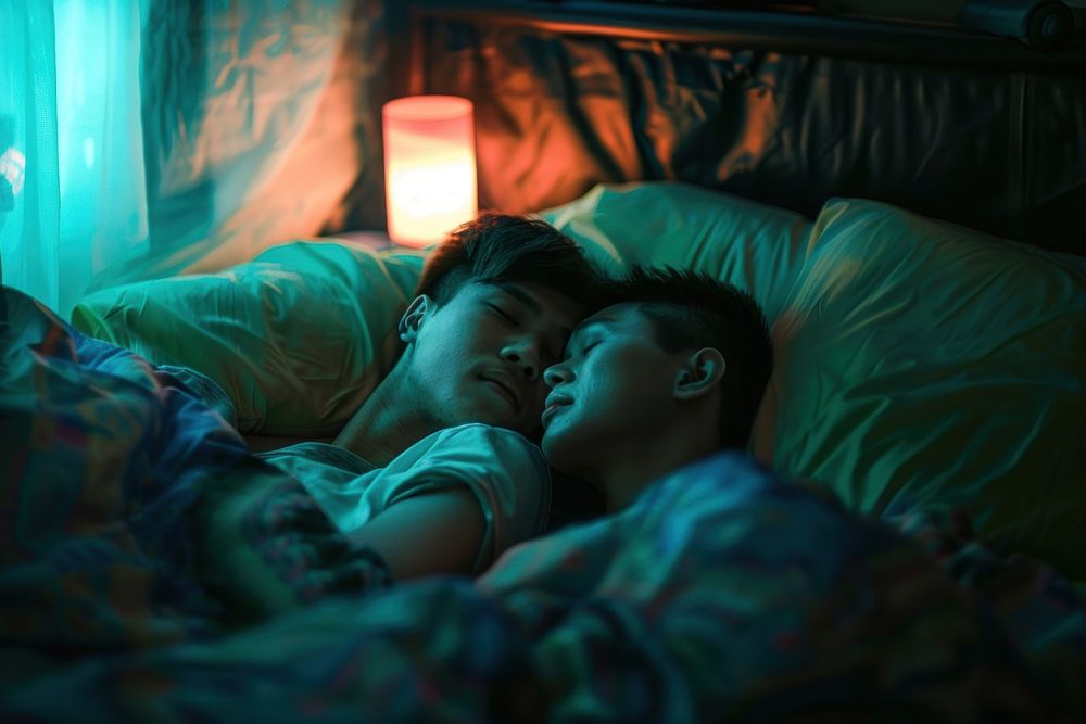 Thai gay couple romantic cuddling person.