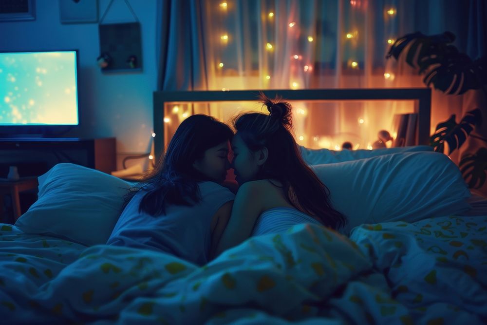 Thai lesbian couple bed electronics television.