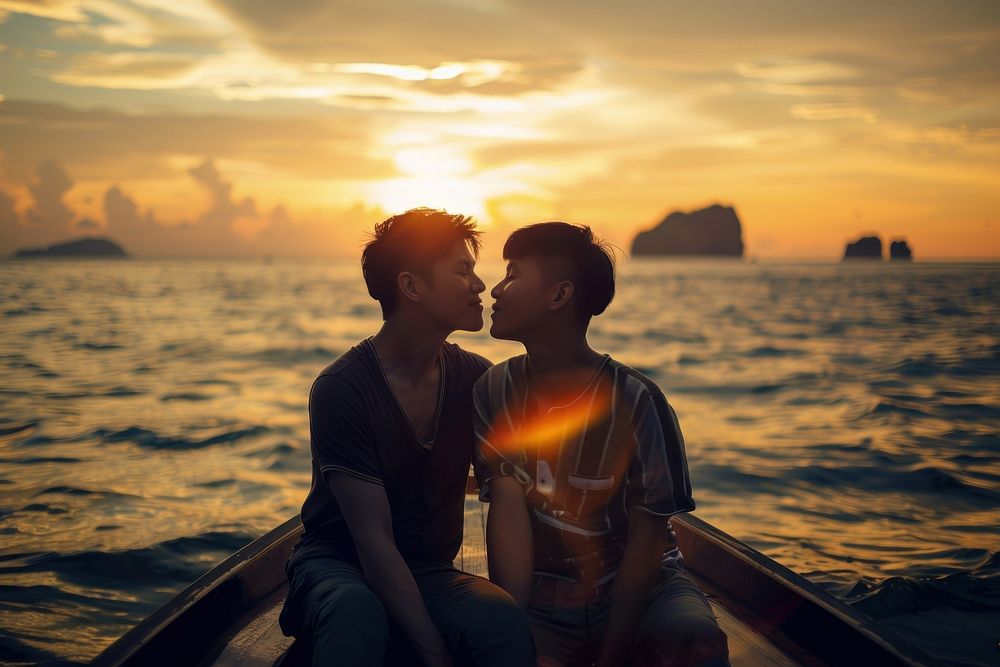 Thai gay couple photo boat transportation.