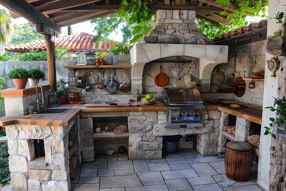 Outdoor kitchen outdoors architecture fireplace.