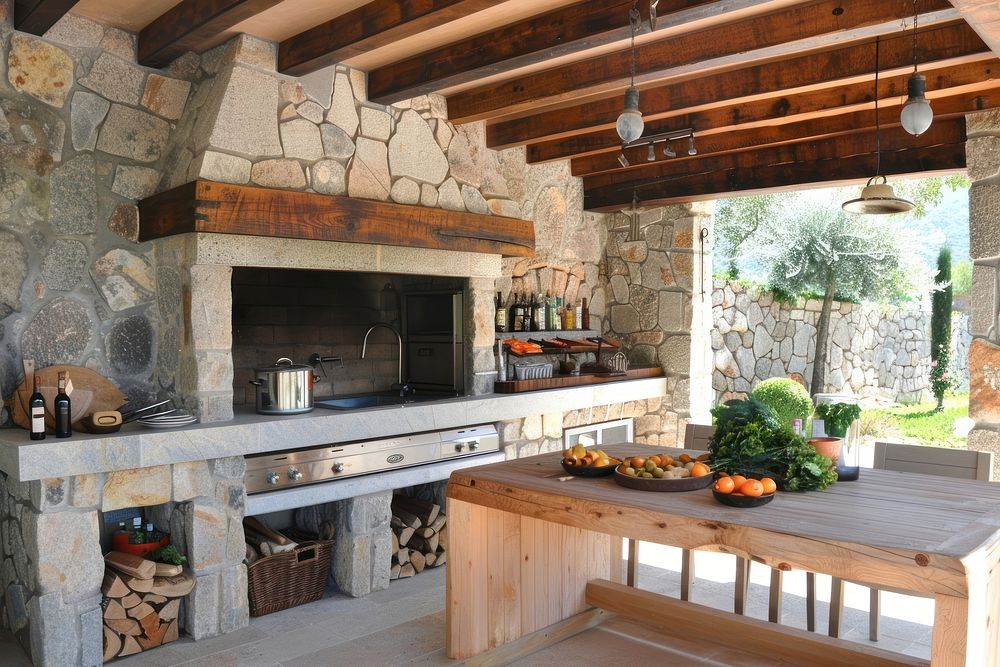 Outdoor kitchen architecture accessories fireplace.