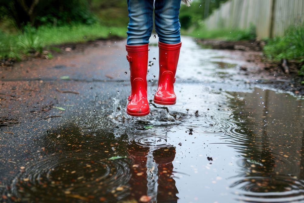 Child with rain boots puddle person water.